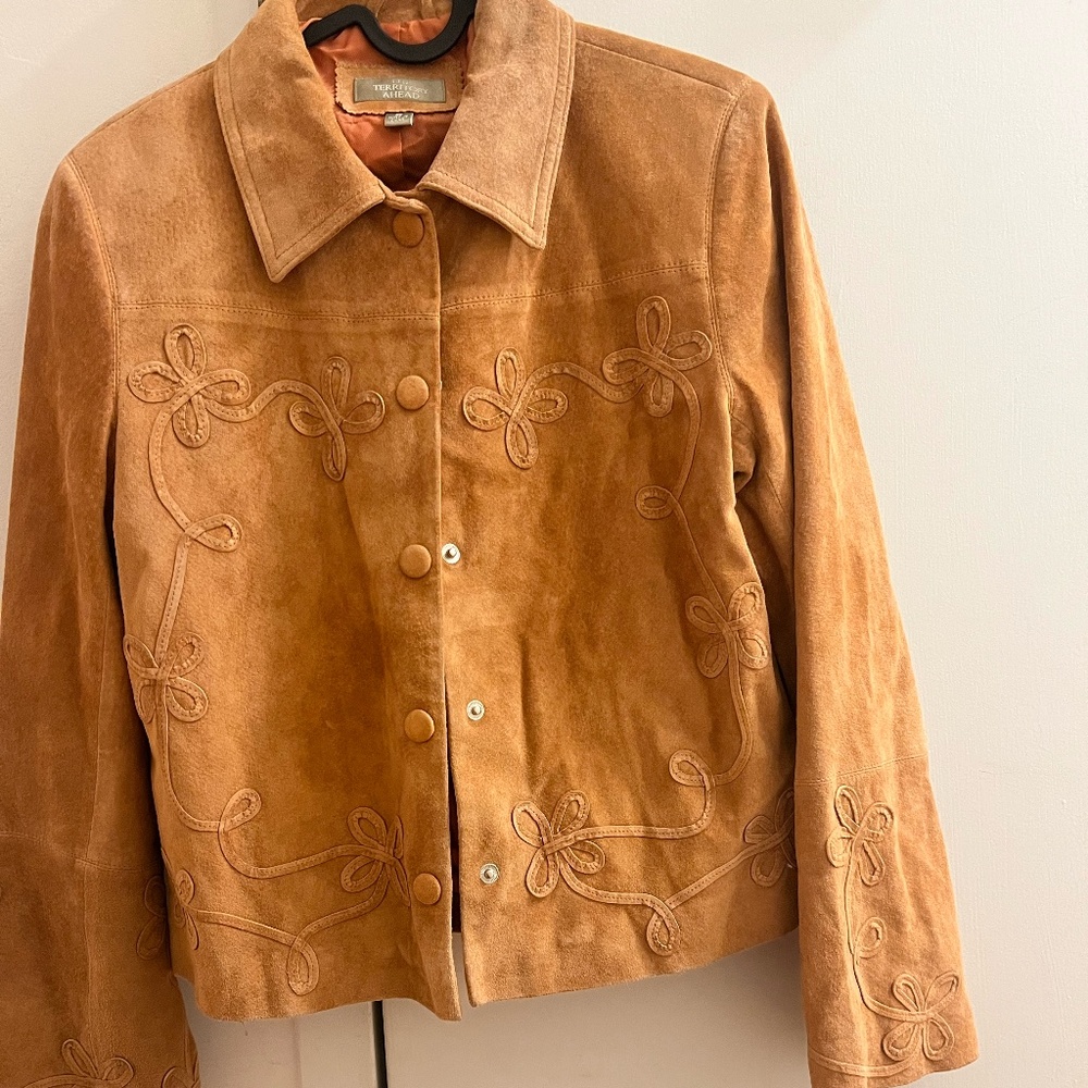 VintagevThe Territory Ahead Pink Orange Suede Floral Cropped Jacket Size Small